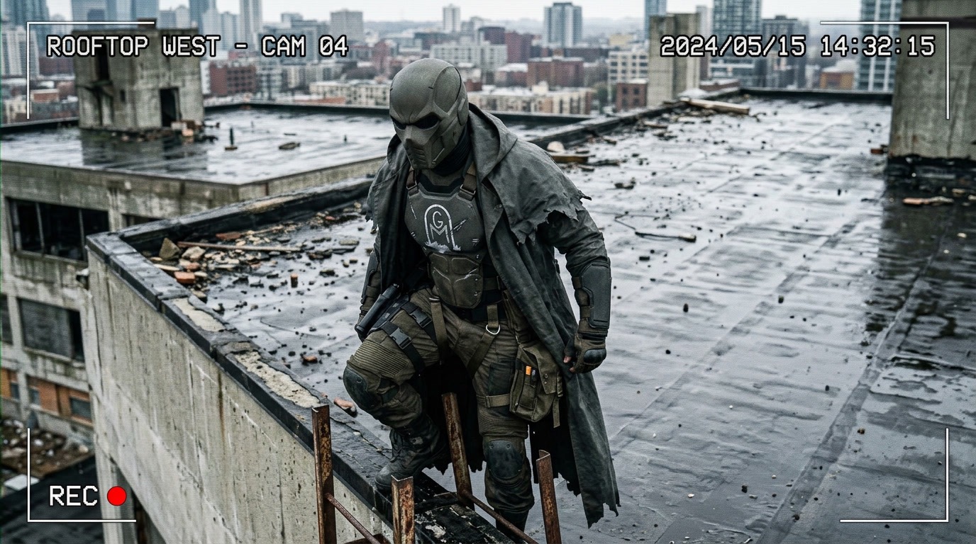 Gravemark captured by a rooftop security camera above the city