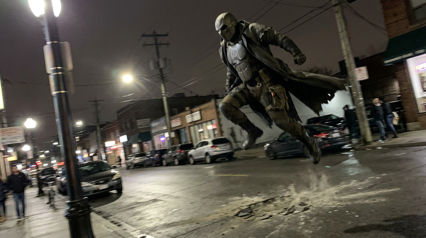 Gravemark caught mid-leap above a street at night